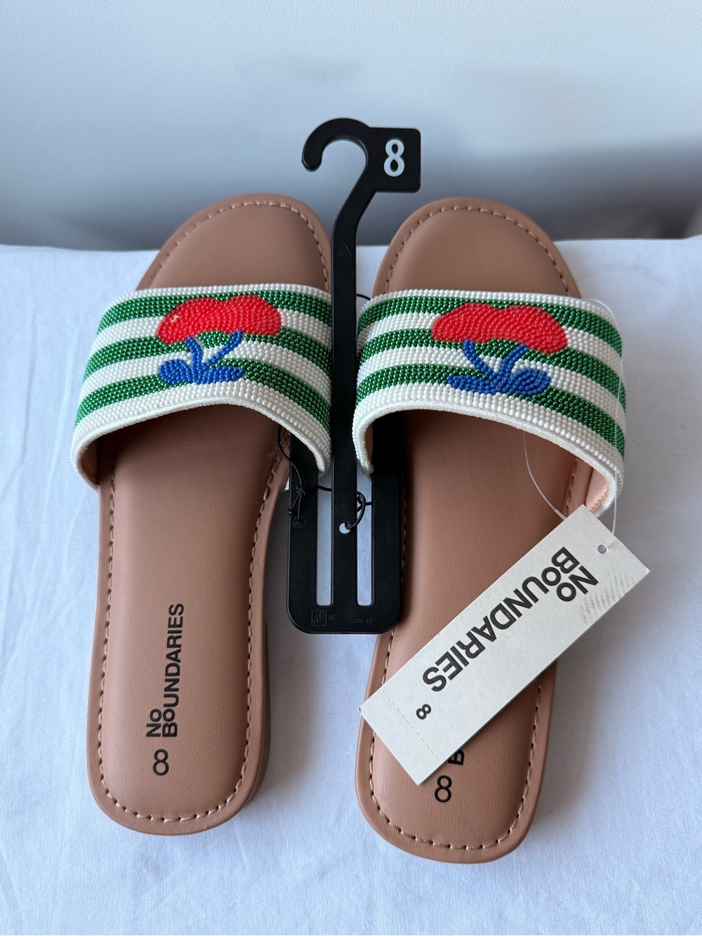 No Boundaries Women’s Red Floral Green Stripe Slide Sandals